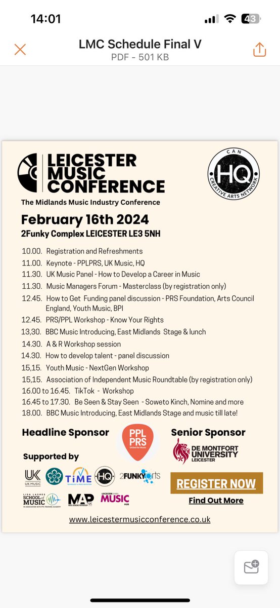 Leicester Music Conference (@leicmusiccon) on Twitter photo The schedule is public!!
From 10-6pm, Workshops, Panels and Masterclasses are bringing you the most🙌
East Midlands Stage and <a href="/bbcintroducing/">BBC Music Introducing</a> from 6 till late!!!
TICKETS on sale, link in bio
• Thank you to our headline sponsor @ppl_prs
• And senior sponsor <a href="/dmuleicester/">dmuleicester</a> The schedule is public!!
From 10-6pm, Workshops, Panels and Masterclasses are bringing you the most🙌
East Midlands Stage and <a href="/bbcintroducing/">BBC Music Introducing</a> from 6 till late!!!
TICKETS on sale, link in bio
• Thank you to our headline sponsor @ppl_prs
• And senior sponsor <a href="/dmuleicester/">dmuleicester</a>