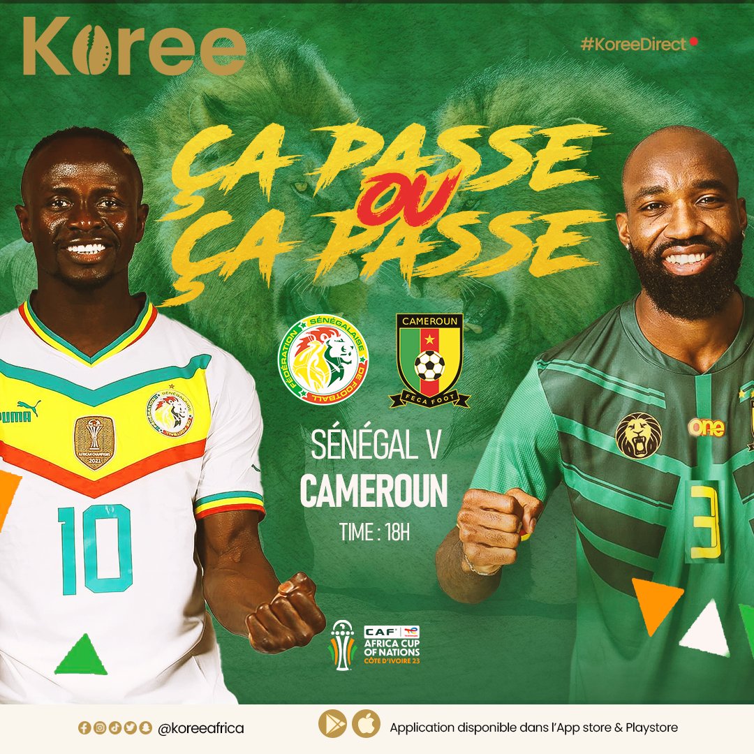 koreeafrica's tweet photo. Le match Cameroun vs Sénégal, le choc des lions !
Qui rugira le plus ?
Nous sommes tous derrière les lions indomptables.
#koree #CAN2023 #JourDeMatch #Cameroun #Ndama #football https://t.co/ZtouGC1opy
