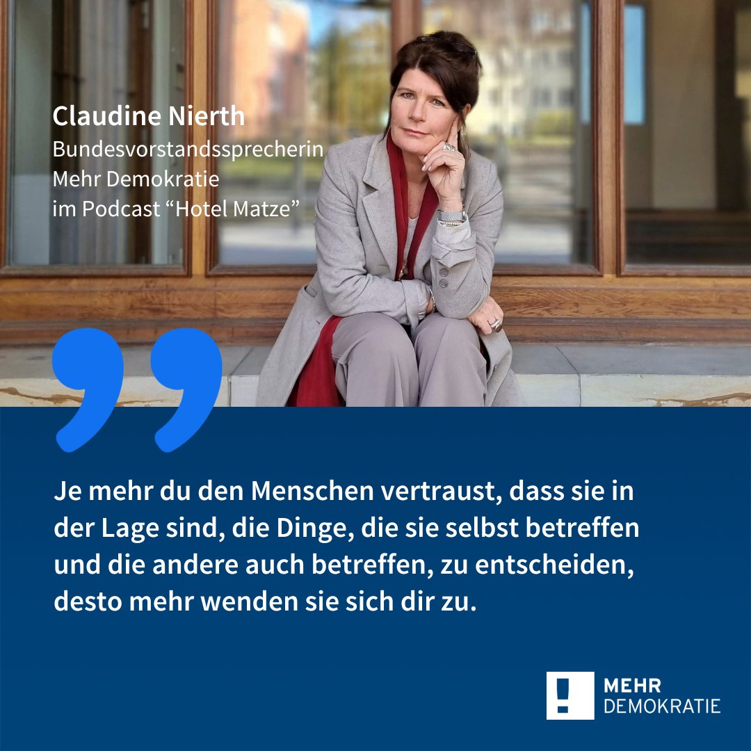 Im Podcast "Hotel Matze" hat unsere Vorstandssprecherin <a href="/ClaudineNierth/">Claudine Nierth</a> über Demokratie, die Spaltung in uns und Volksabstimmungen gesprochen.
Falls ihr noch nicht reingehört habt: Es lohnt sich!
youtube.com/watch?v=XeIwWI…