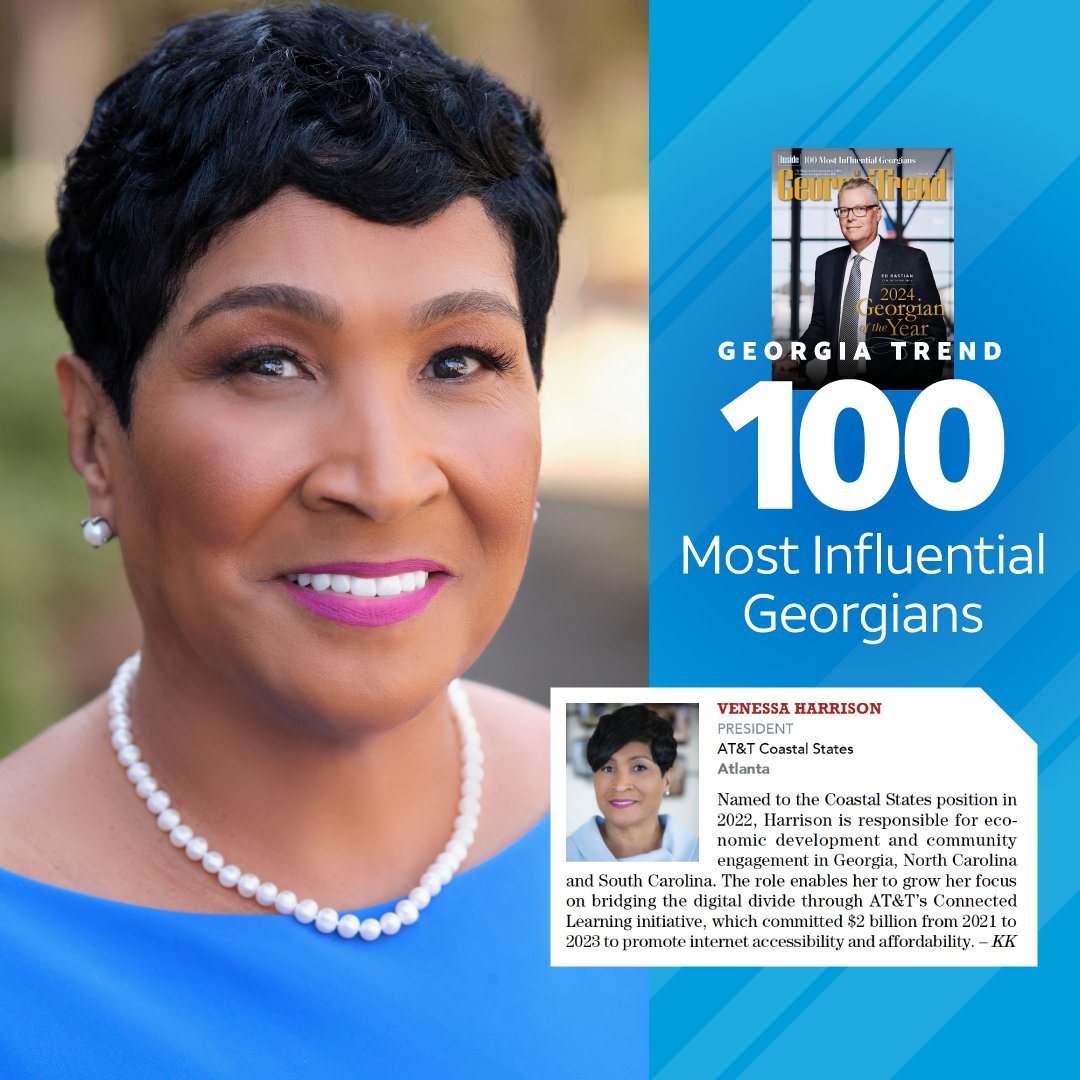 Congratulations to @ATT Southeast Coastal States President @VenessHarrison on being named one of @GeorgiaTrend’s 100 Most Influential Georgians! Thank you for your continued leadership and dedication to connecting Georgia communities. editions.mydigitalpublication.com/publication/?m…