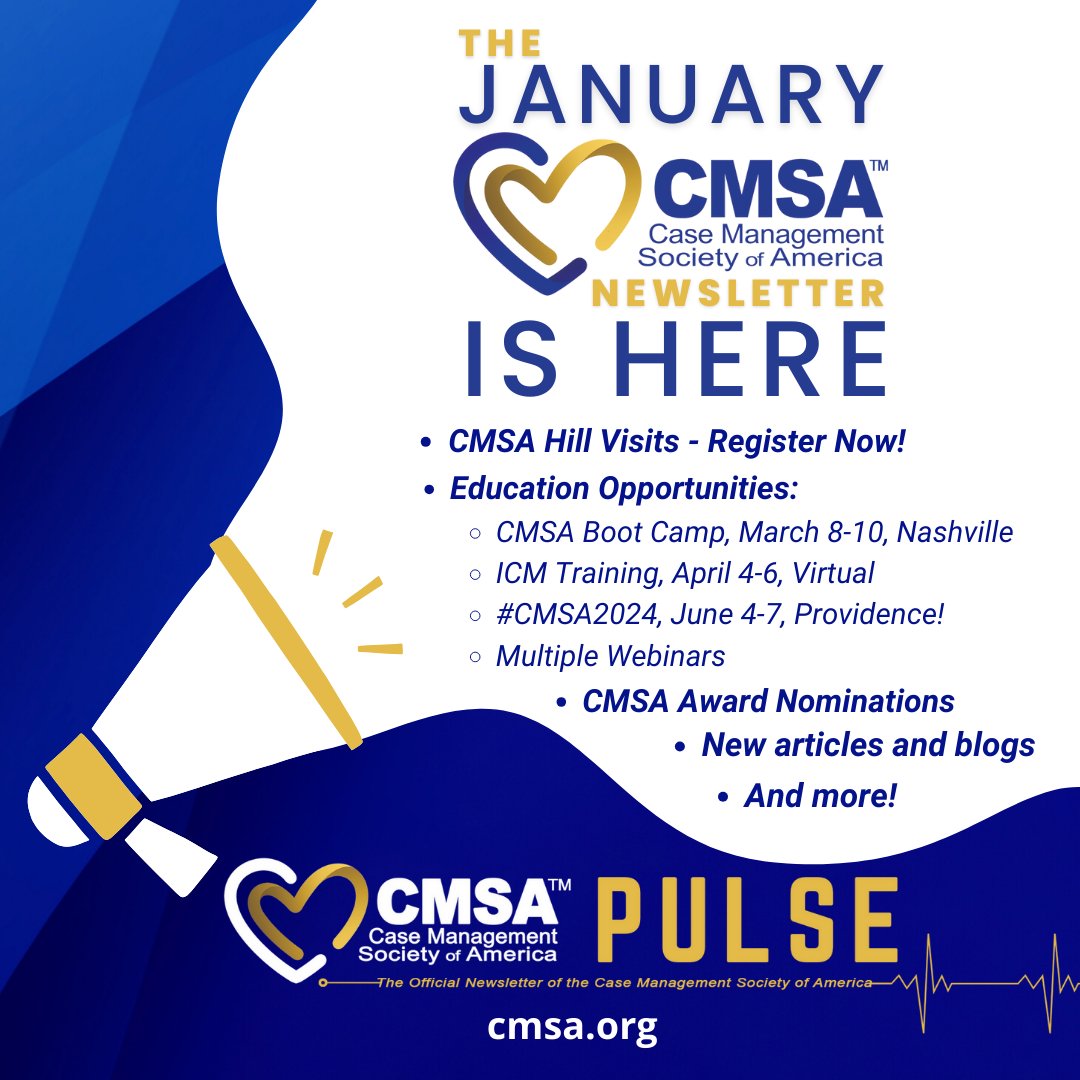 CMSANational's tweet image. #CMSAPulse Newsletter Alert-January Edition! 🔗bit.ly/CMSAPulseJan24
- #CMSA Virtual Hill Visits (Members only/Free)
- #CMSA2024 (June 4-7, Providence, RI)
- CMSA Boot Camp (March 8-10, Nashville, TN)
- ICM Training (April 16-18; Virtual)
- Feb Webinars (Free)
#CaseManagement