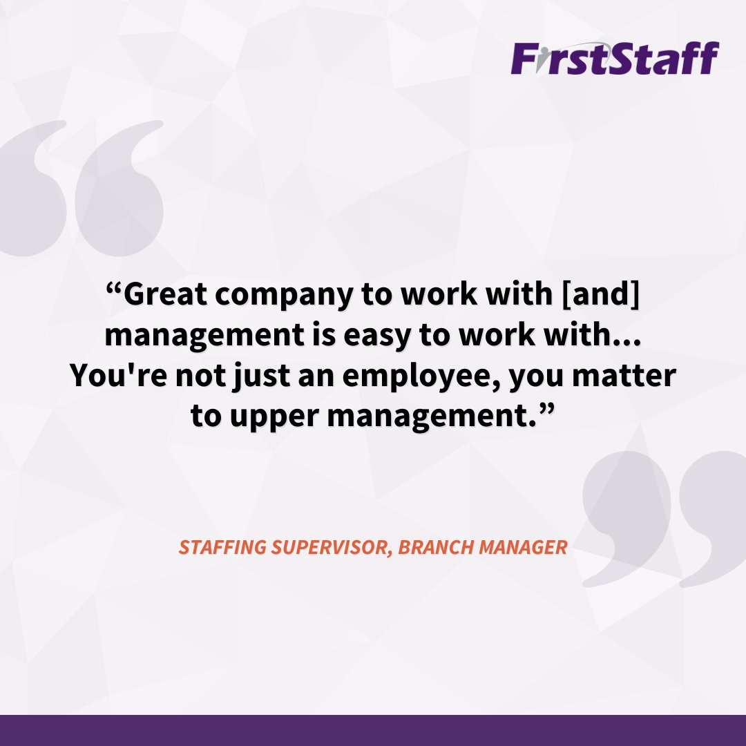 FirstStaff_AR's tweet image. Thank you for the great review! FirstStaff is here to help meet your staffing needs at any time!

Contact us today: nsl.ink/cFRT. 

#FirstStaff #NewJob #Staffing #StaffingForAnEvolvingWorkplace #JobOpportunity #NewJobAlert #IndustrialJobs #AdministrativeJobs