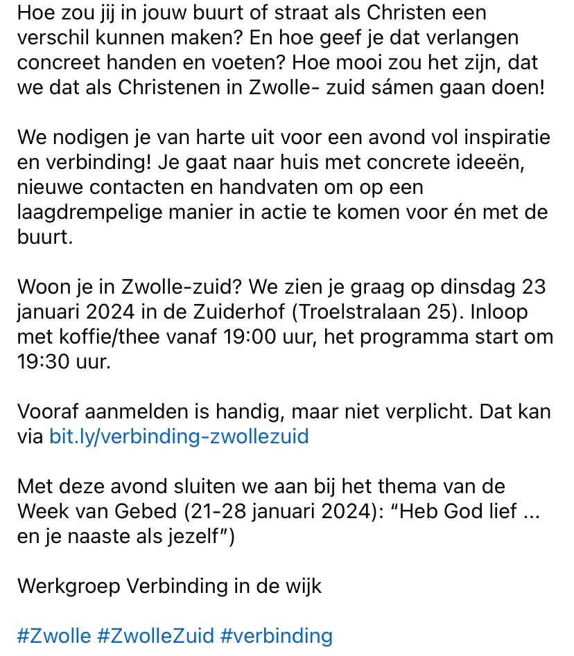 rinusdoornbos's tweet photo. Woon je in Zwolle-zuid? Welkom op dinsdag 23 januari 2024 in de Zuiderhof (Troelstralaan 25). Inloop vanaf 19:00 uur, programma start om 19:30 uur.
Aanmelden kan via https://t.co/ynrS8hHWJk
#Zwolle #ZwolleZuid #verbinding #WeekvanGebed https://t.co/4iPn4Ccahk