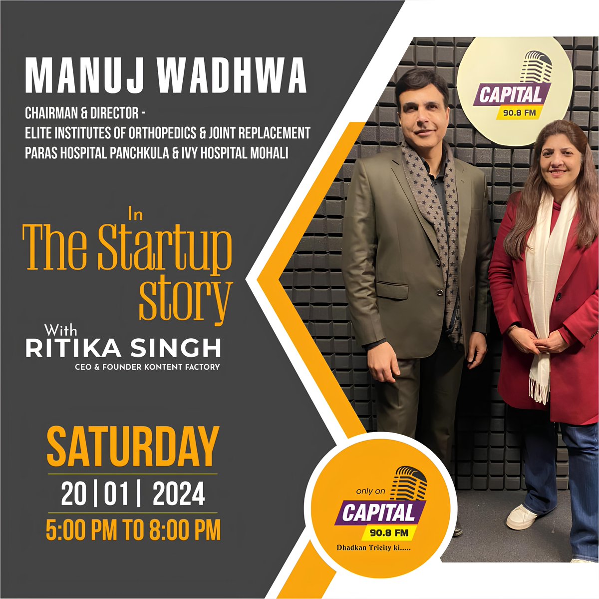 #OnTheRadio

Tune in to CAPITAL 90.8 FM this Saturday, Jan 20, 2024, from 5:00 PM to 8:00 PM. 

#StartupStory #InnovationJourney #TuneIn #RenownedSurgeon #DrManujWadhwa <a href="/kontentfactory/">kontent factory</a>
