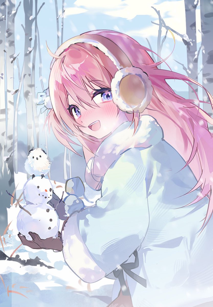 1girl earmuffs snowman solo long hair blush pink hair  illustration images