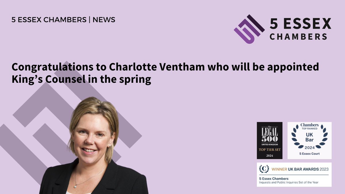 We are delighted to announce that Charlotte Ventham is to be appointed King's Counsel in the spring.

Click here to read more: bit.ly/48BJLAg

#5EssexCourtNews #KingsCounsel
