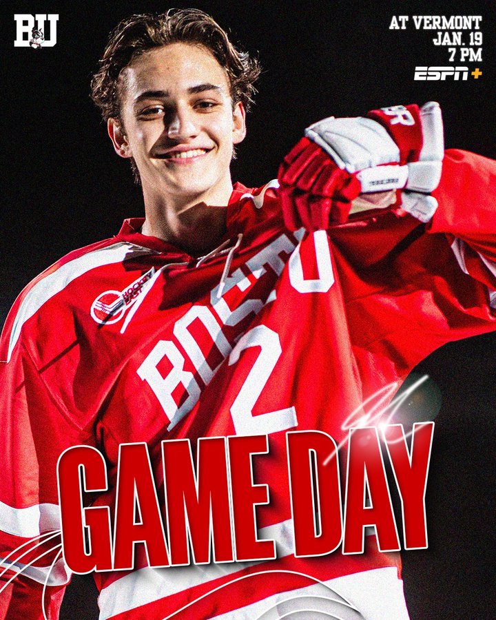 Game day graphic featuring posed photo of Gavin McCarthy. BU at Vermont, Jan. 19, 7 PM on ESPN+