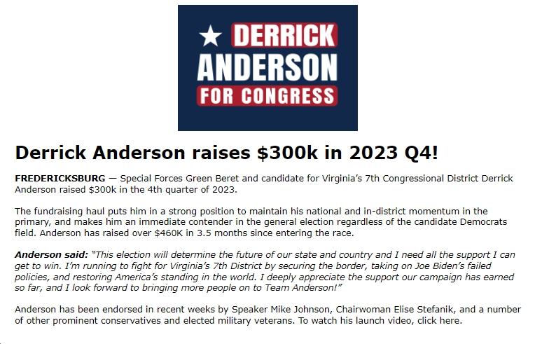 bluevirginia's tweet photo. For comparison purposes, Democrat @YVindman raised over $2 million during the same time period -- over 6x more than far-right (e.g., endorsed by the odious Elise Stefanik and Mike Johnson) Republican Derrick Anderson. https://t.co/3zvg4O1QEO https://t.co/2G62UNmtdH