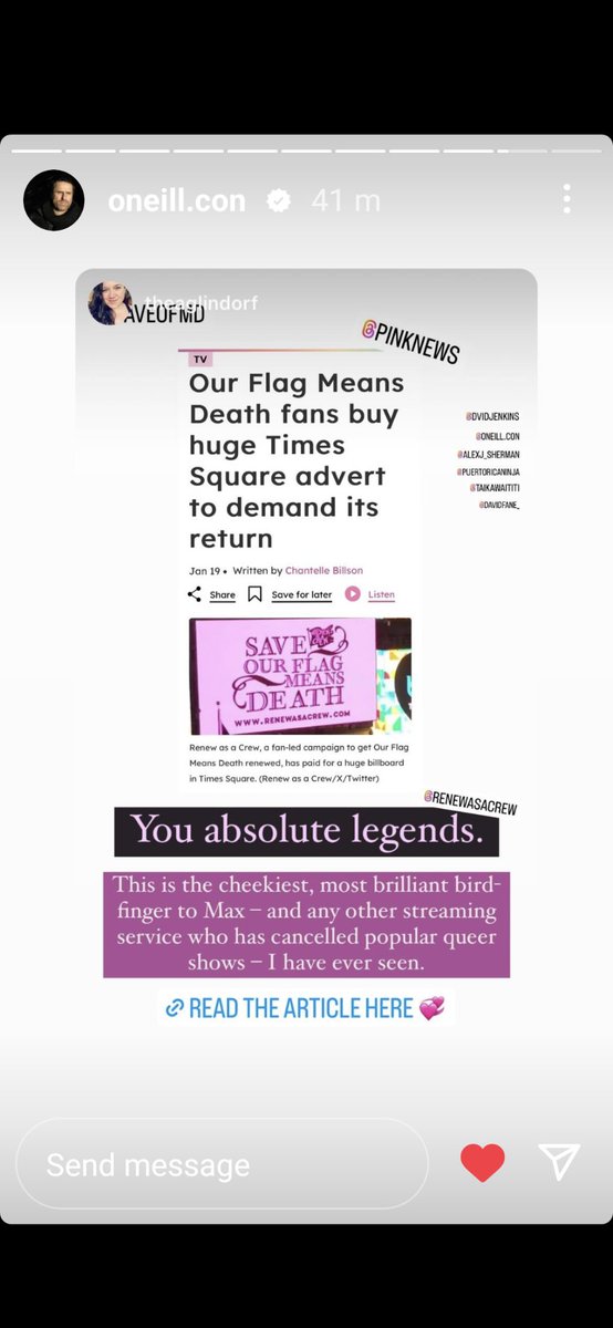 Hey #RenewAsACrew have we all seen Con's repost on IG about the Times Square billboard? I think that's him calling the us all 'absolute legends'... at lest that's the voice I heard when I read it! #RenewOurFlagMeansDeath #absolutelegends