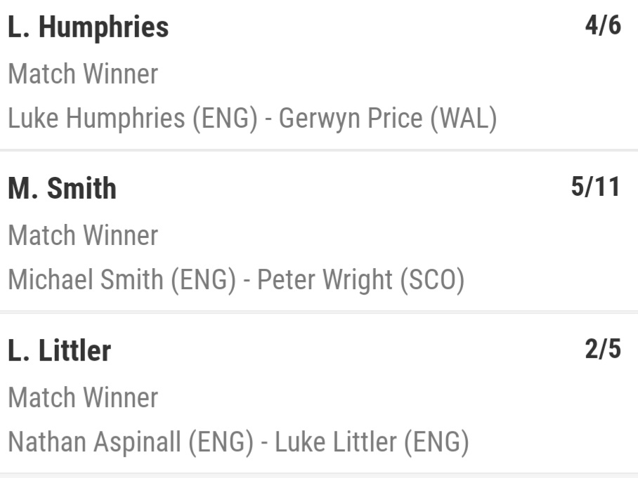 🎯 2/1 Darts Treble for today 🎯

Tournament: Bahrain Masters

TV: ITV 3 📺

Start time: 4:15pm

Odds: 2.39/1 🔥