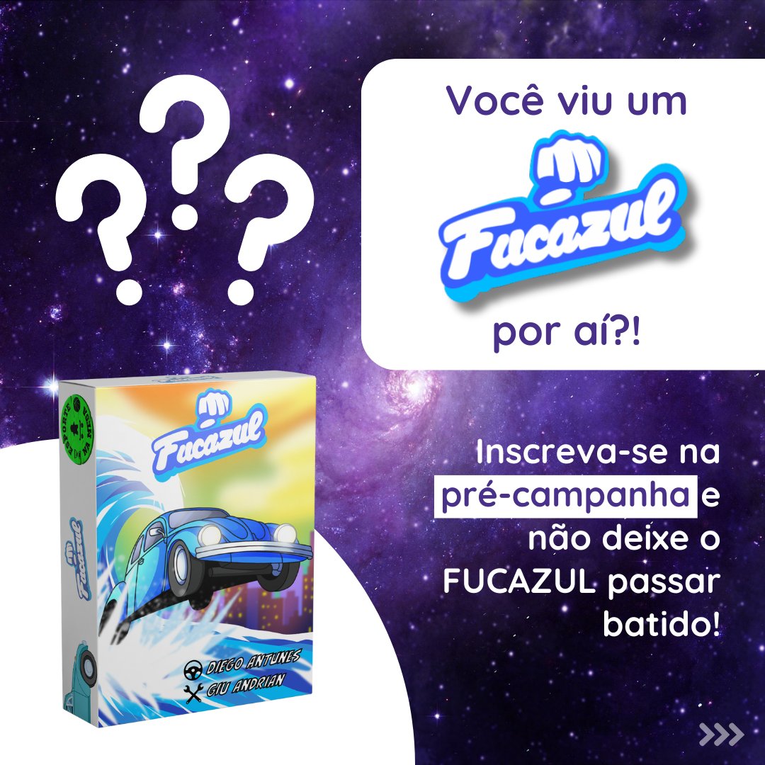 Alguém viu um FUCAZUL passando?! 🚙👊
Não marque bobeira e seja o primeiríssimo a avistar o FUCAZUL chegando! 

Inscreva-se na pré-campanha no site da <a href="/MeepleStarter/">Meeple Starter</a> e seja avisado por email quando a campanha de financiamento coletivo do jogo começar! 😄🎲🚙

Link no fio⬇️🧶