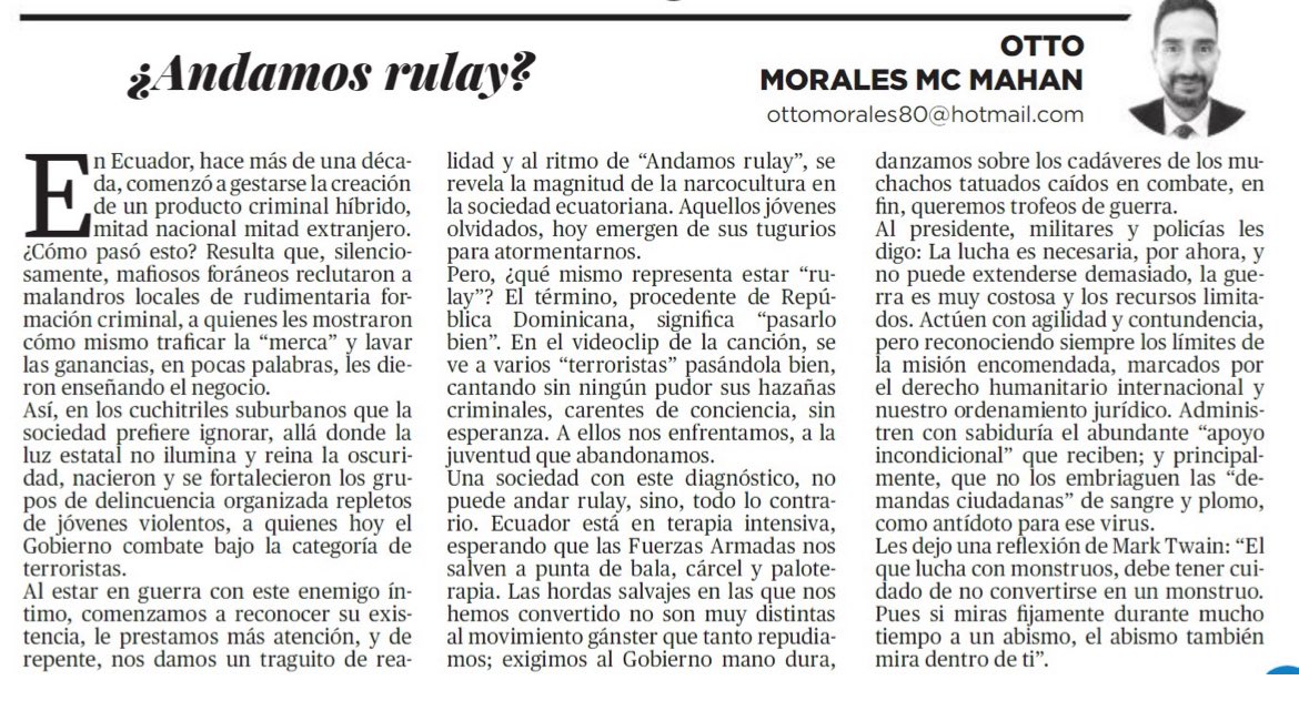 OttoMorales80's tweet photo. En @eldiarioec revisamos como la narcocultura terrorista nos demuestra su fuerza al ritmo de “andamos rulay”.

Hoy exigimos trofeos de guerra, queremos desaparecer a los jóvenes que el país olvidó, esos que hoy salen de sus tugurios para atormentarnos. Ecuador, no está rulay!!! https://t.co/vrBX3r2qKt