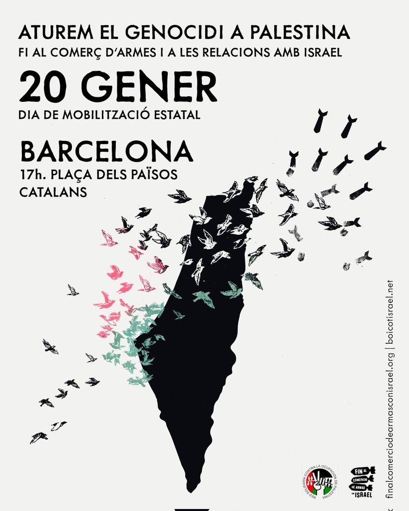 📢 DEMÀ sortim al carrer a més de 80 municipis a l'Estat espanyol per exigir que s'aturi el genocidi a Palestina i que es posi fi al comerç d'armes amb Israel

📍Manifestació a Barcelona: 17 h, Plaça Països Catalans 
#AturemElGenocidi #StopArmesAmbIsrael