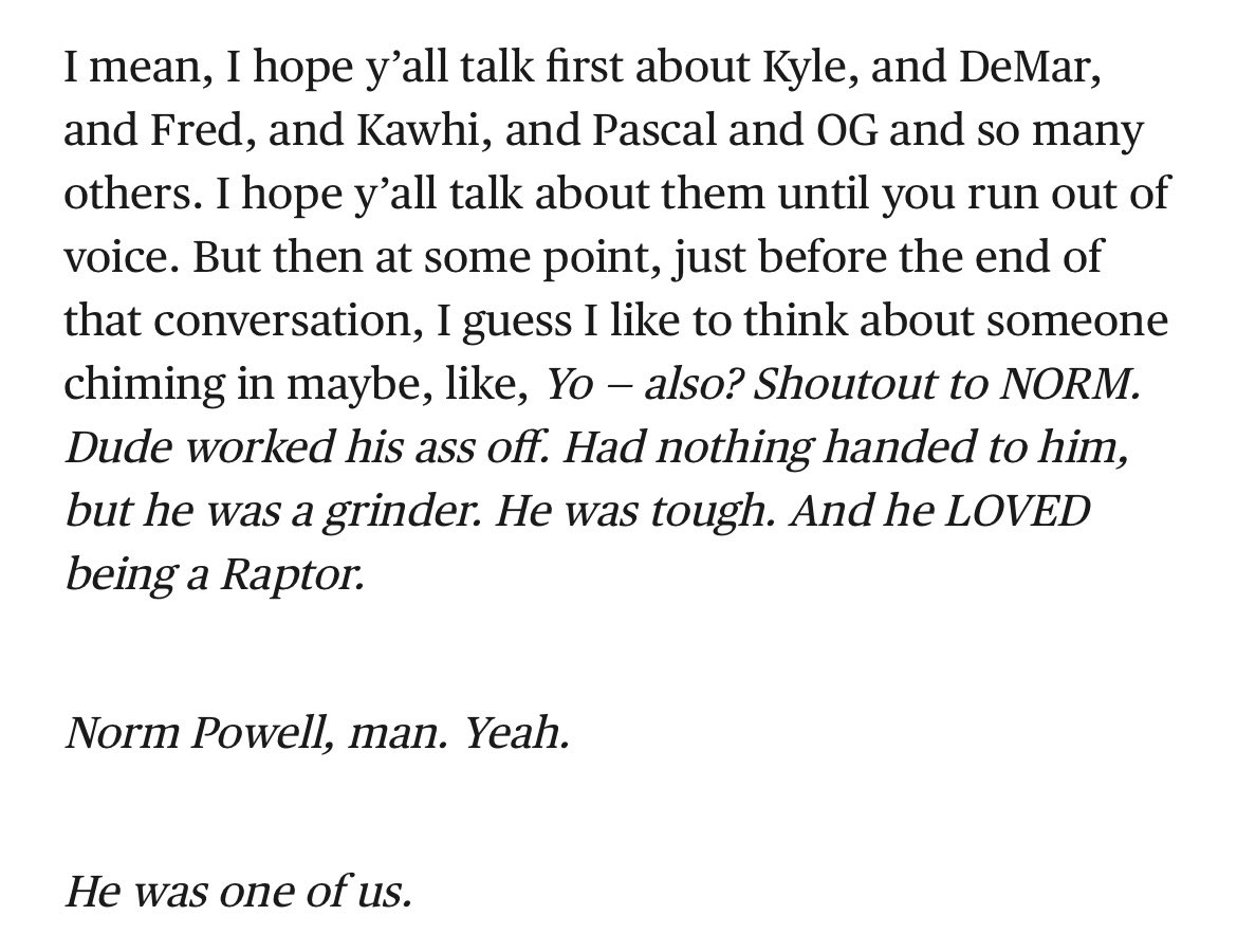 Pascal Siakam and Norman Powell were on a mission to kill us with their last paragraph on players tribune 😭