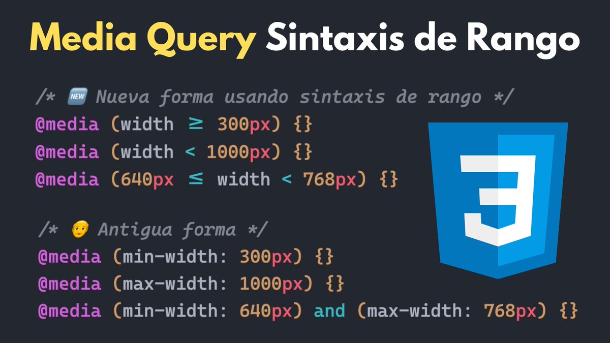 midudev's tweet photo. Deja de liarte con las Media Queries en CSS.
¡Usa la nueva sintaxis! Es mucho más sencilla.
No más min-width y max-width: https://t.co/uB0MT0t2u3