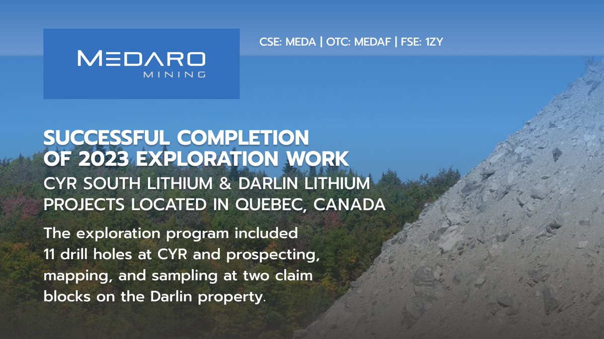 MedaroMining's tweet image. #ICYMI | We announced the successful completion of our 2023 exploration work at the 100% owned CYR South and Darlin lithium property
Find out more » stockmkt.info/47VylGV 
#lithium #mininglithium #lithiumexploration #CSEstocks #OTCMarkets
🇨🇦 $MEDA 🇺🇸 $MEDAF