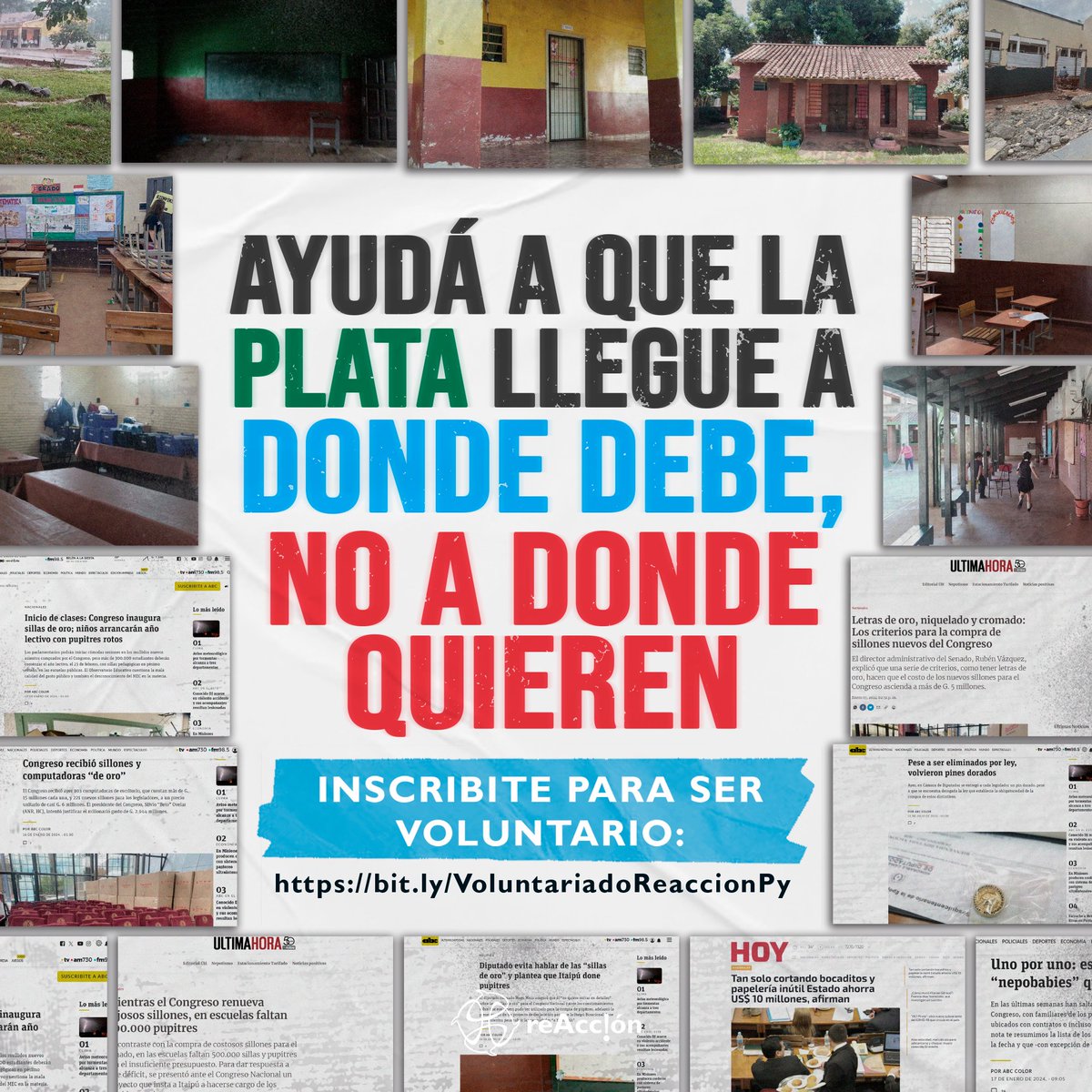 Cada día vemos nuevos y viejos casos de corrupción, escuelas que se caen y estudiantes sin alimentación escolar.

La indignación no es suficiente, pasemos a la acción.

📲 Completá el form para saber más: bit.ly/VoluntariadoRe…
Sábado 17/02 en #CDE, #Asunción y #Encarnación.