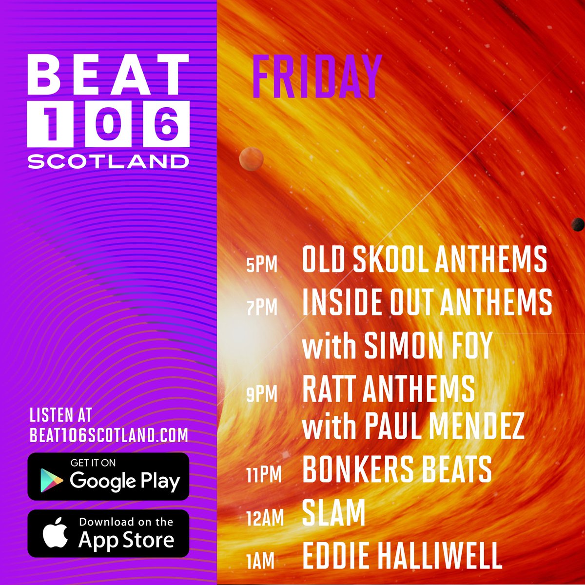 Friday night on @beat106scotland!

Now - 2 hours of #OldSkool Anthems
7pm - Simon Foy is in the mix - @insideoutgla Anthems.
9pm - #RATTAnthems with @paulmendez
11pm - Bonkers Beats with @deckheaddj @Bonkers4life 
12am - @slam_djs with @rebeccadellepiane__
1am - @eddiehalliwell