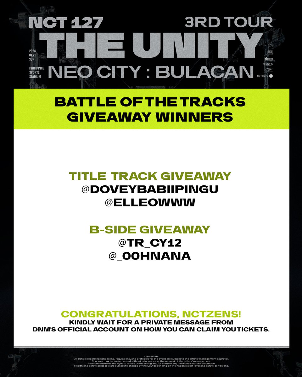 dnmentph's tweet photo. Four more NCTzens will be entering City 127! Congratulations to all of our winners. 💚

🗓️2024.01.21 | 6:30 PM
📍Philippine Sports Stadium
🎫SM Tickets

#NCT127 #NEOCITY
#NEOCITY_THE_UNITY
#NCT127_NEOCITY_THE_UNITY
#NEOCITY_THE_UNITY_in_BULACAN https://t.co/yqhLHwrbeW