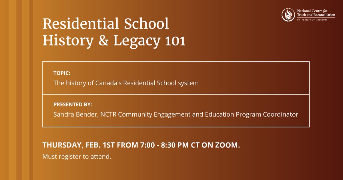 Join us for a virtual learning session on the history of Canada's Residential School system on Thursday, February 1st at 7:00 pm (CT). Register in advance at: buff.ly/3Sob8YP #nctr_um