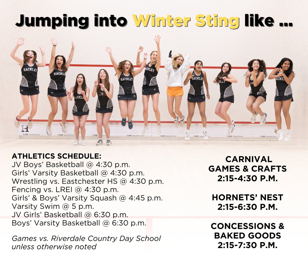 HackleySchool's tweet photo. Come up to the Hilltop this afternoon to support our Winter Athletics teams at the Winter Sting! Festivities start at 2:15 p.m. in the Johnson Center. Full schedule in the image. 
#HackleySchool #WeAreHackley #HackleyAthletics #HackleyHornets #HackleyStudents #GoHack #RollHack https://t.co/FgxyLhxSaW