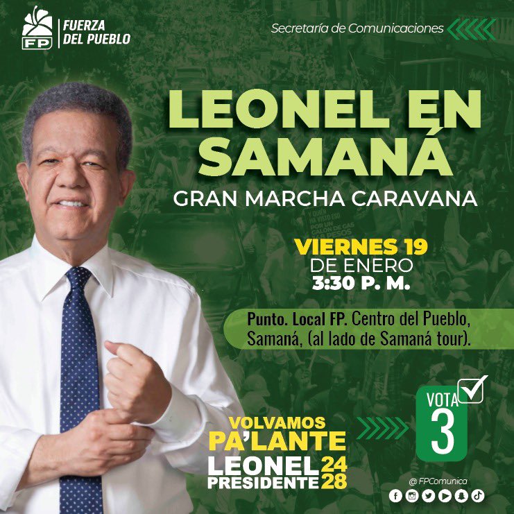 Acompaña al próximo presidente de la República Dominicana el Dr. Leonel Fernández junto a los candidatos de la Fuerza del Pueblo. 
<a href="/FPcomunica/">@Fuerza del Pueblo (FP)</a> <a href="/LeonelFernandez/">Leonel Fernández</a> 

La visión y el compromiso que les caracteriza se extiende para revitalizar el progreso, la estabilidad y el bienestar