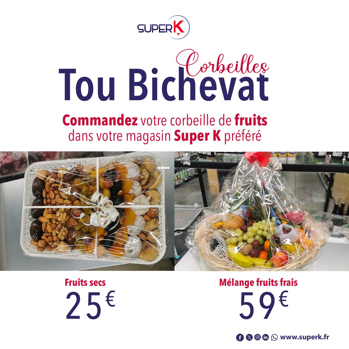 SuperK1306's tweet photo. CORBEILLES TOU BICHEVAT
Réservez votre corbeille de fruits secs ou frais pour TOU BICHEVAT en commandant par téléphone :
SUPER K VAL, 10è, 04 91 41 38 32
SUPER K RABATAU, 8è, 04 91 32 63 18
SUPER K SAINT SUFFREN, 6è, 04 91 37 04 09
SUPER K LA ROSE, 13è, 04 91 66 61 58
😉 https://t.co/t3P32ynzGl