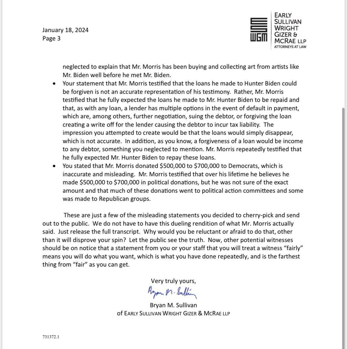 James Comer made a lot of claims after Kevin Morris interview Morris then accused Comer of misleading & cherry-picking his testimony in letter I obtained: “Just release the full transcript. Why would you be reluctant or afraid to do that, other than it will disprove your spin?”