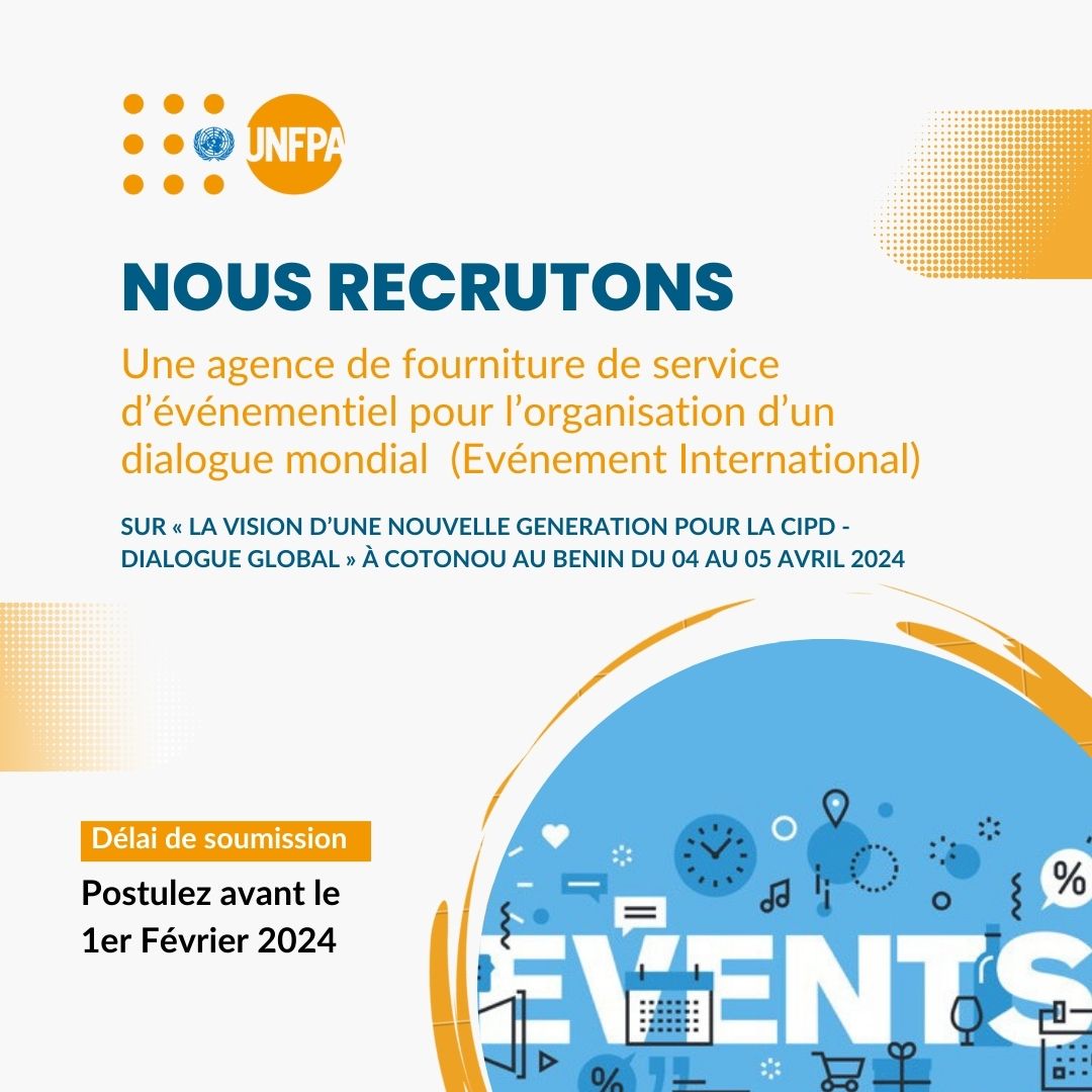 🚨Vous êtes une agence intervenant dans le domaine de l'événementiel, cette opportunité s'adresse à vous!
Postulez avant le 1er Février 2024 pour contribuer à l'organisation d'une rencontre mondiale qui se tiendra à Cotonou. 
Pour plus d'info et TDR, ➡️bitly.ws/3agbi