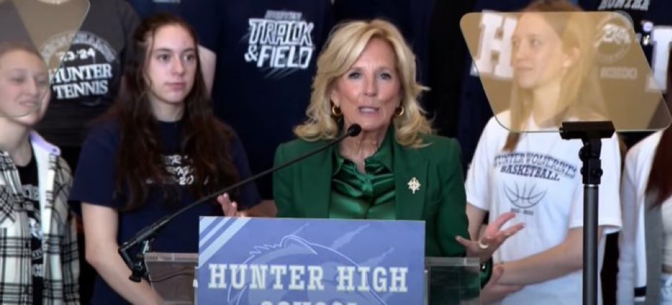 RepAndyBiggsAZ's tweet photo. You can’t make this stuff up.

Jill Biden speaking at a school named “Hunter High.” 

Appropriately named! https://t.co/748ChAv5ny