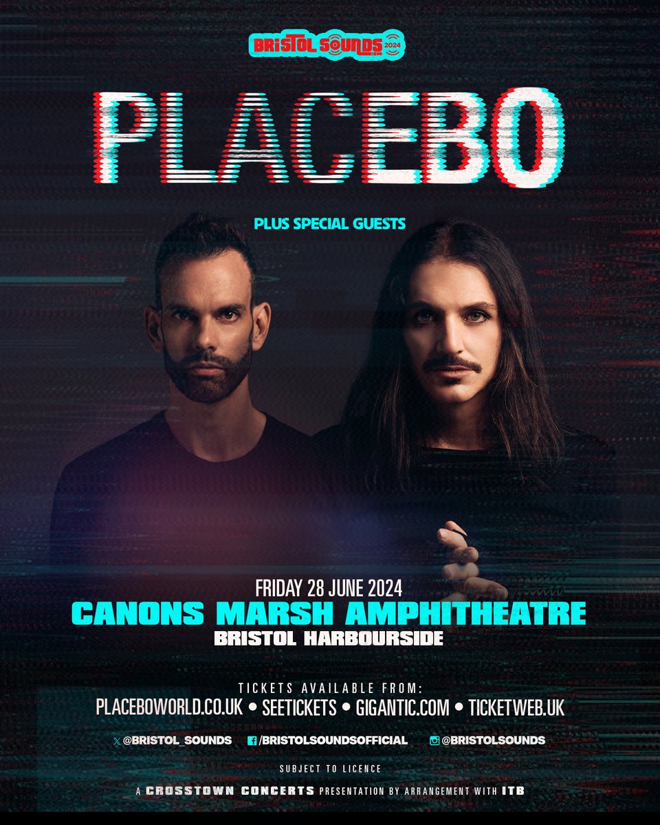 PLACEBO LIVE – BRISTOL, UK, 2024 Friday 28 June – Bristol Sounds, Canons Marsh Amphitheatre, Bristol Harbourside Ticket pre-sale – Wednesday 24 January, 10am Tickets on general sale – Friday 26 January, 5pm