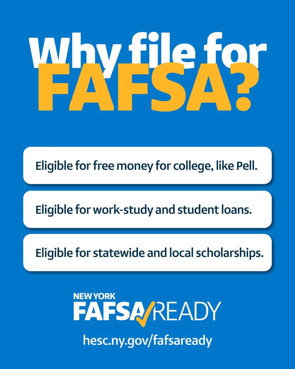 NYSStudentAid's tweet image. Applying for FAFSA is more important than you think. Not only does it provide eligible NYS students with financial aid, but it provides the ability to receive work-study, grants and other statewide and local scholarships. Gain all the knowledge by visiting hesc.ny.gov/fafsaready