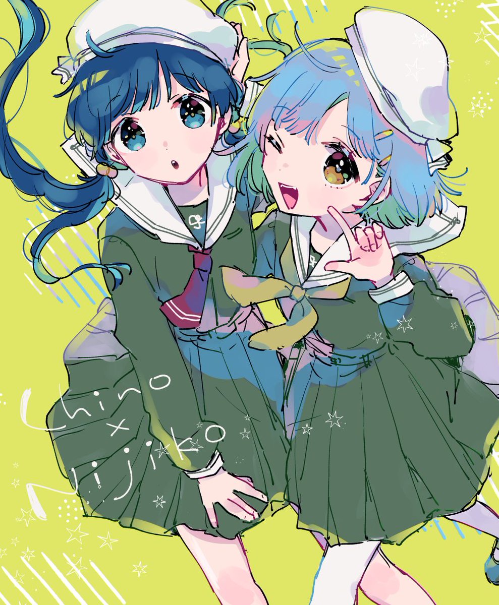 multiple girls 2girls blue hair hat one eye closed school uniform skirt  illustration images