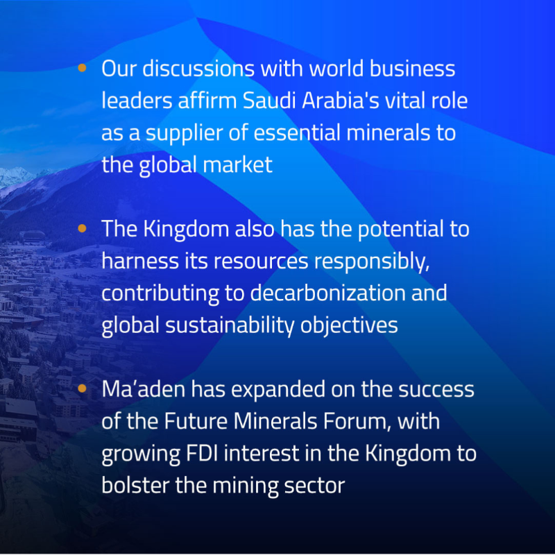 MaadenKSA's tweet photo. The 54th @WEF has come to a close.

Throughout #WEF24, Ma'aden emphasized #SaudiArabia's influence in providing critical minerals for global decarbonization initiatives, our commitment to sustainable practices and the rapid growth of our mining sector under #SaudiVision2030.
