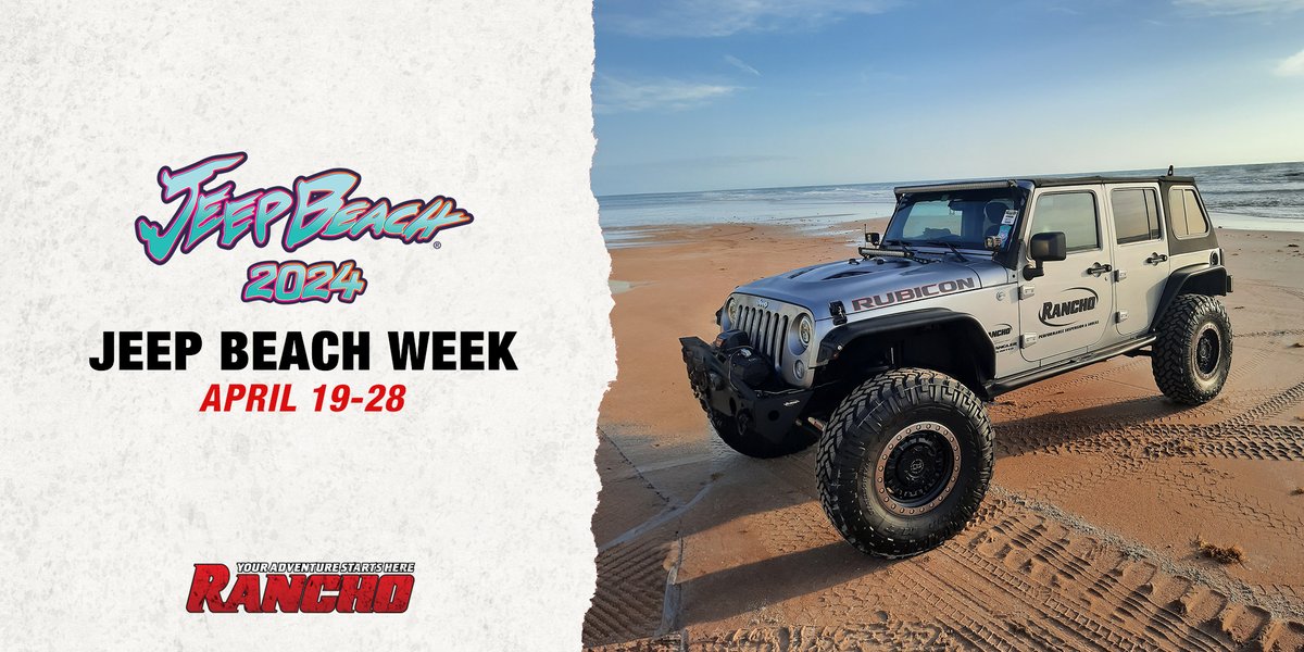 RanchoShocks's tweet photo. It's 90 days until Jeep Beach Week in Daytona, Florida. We are pumped up for a little R&amp;R on the coast and ready for fun in the sun. How about you? Check out the itinerary for 2024 here and let us know if you plan to go in the comments: https://t.co/UqW5osqDRu #GoRancho https://t.co/oTfiU41F5C