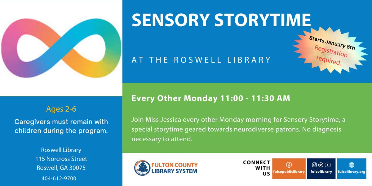 Join Miss Jessica every other Monday morning for Sensory Storytime, a special storytime geared towards neurodiverse patrons. All welcome to attend! 

#FulcoLibrary #ResolveToRead #LibrariesTransform #FulcoReads #SensoryStorytime