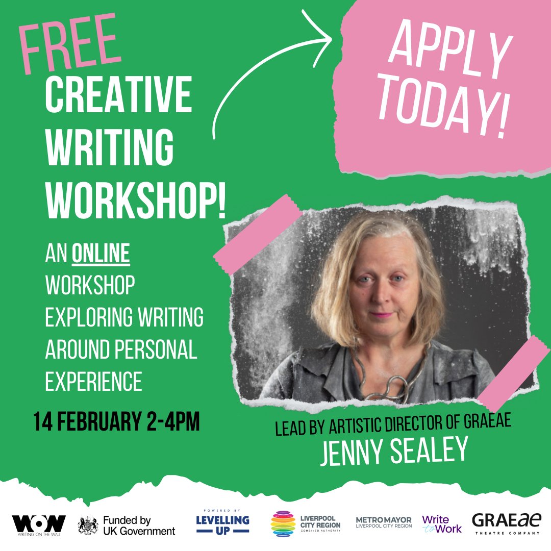 Join our FREE 'Writer’s Bloc' event on 14 Feb, 2-4pm with Artistic Director of @graeae, @GraeaeJennyS! Includes a trip to see Self Raising @LivEveryPlay! Priority for economically inactive, LCR, Deaf applicants. #BSL interpretated. Interested? 📧 helen@writingonthewall.org.uk