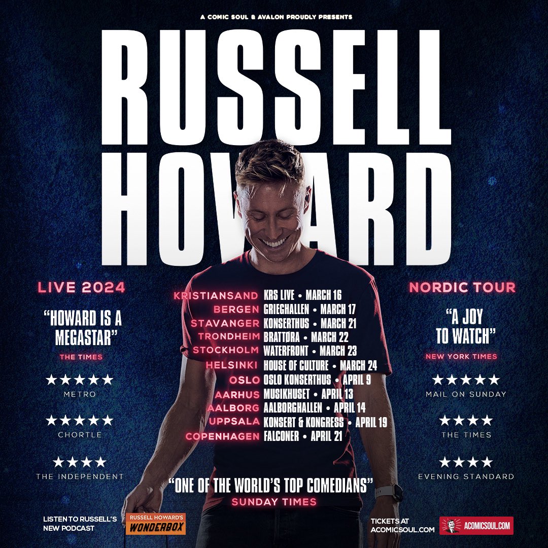 I’ve added even more dates to my Nordic tour!! Pre-sale for the extra dates will begin Monday, and pre-sale for the original dates are now out!! Tickets available via link in bio. Can’t wait! 🎉 🎟️: russell-howard.co.uk