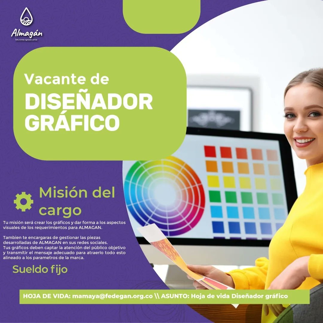 AlmaganColombia's tweet photo. 😊#trabajosihay Sea parte de esta gran familia Almagán.

💻📱Envíe su hoja de vida con el asunto al cargo que desea aplicar 

🟣Auxiliar contable (lrobles@fedegan.org.co)
🟢Diseñador gráfico (Mamaya@fedegan.org.co)

@Fedegan @jflafaurie https://t.co/znfuJPVXUx
