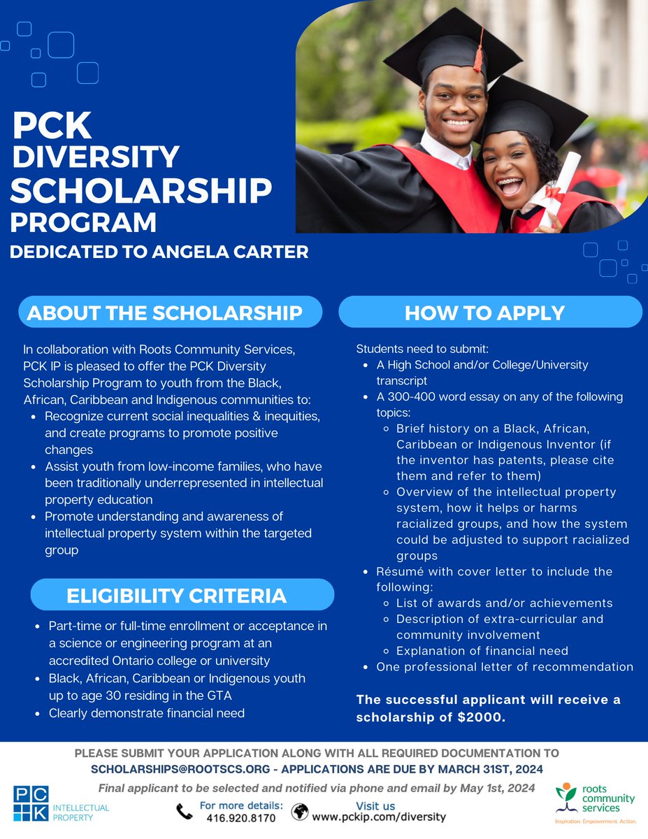 PCK IP in collaboration with RootsCS is excited to offer the PCK Diversity Scholarship Program to youth from the Black, African, Caribbean and Indigenous communities. Apply today. #diversity #scholarships #intellectualproperty #scholarships2024