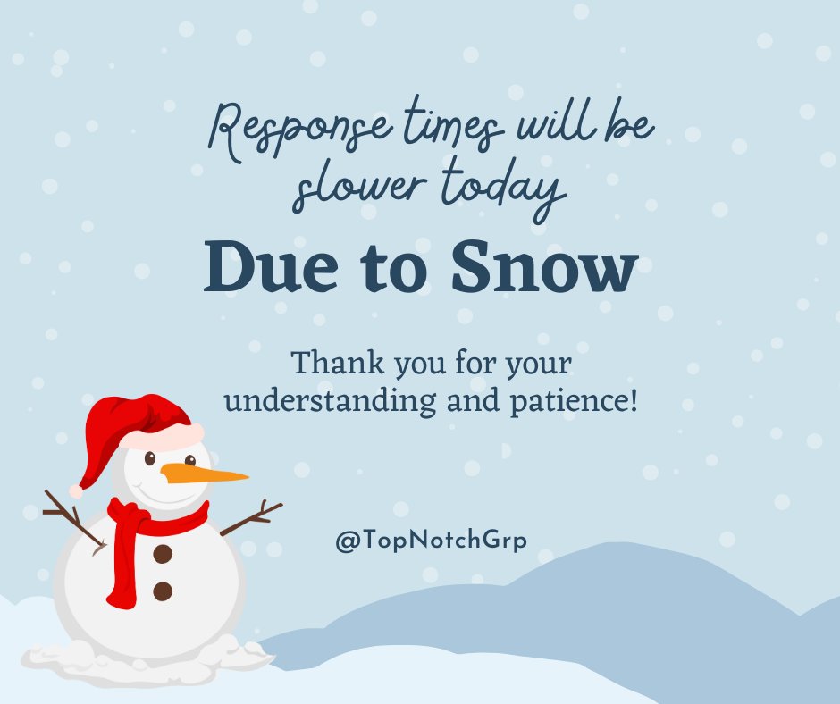 Due to weather conditions, we are short-staffed today, so response times might be slower today. Top Notch is always here, just in case a tech problem arises! #snowday2024 #snowdays #Friday #technologyservices #ITSupport #snowdayfun #FridayFeeling #FridayVibes #fridaymorning