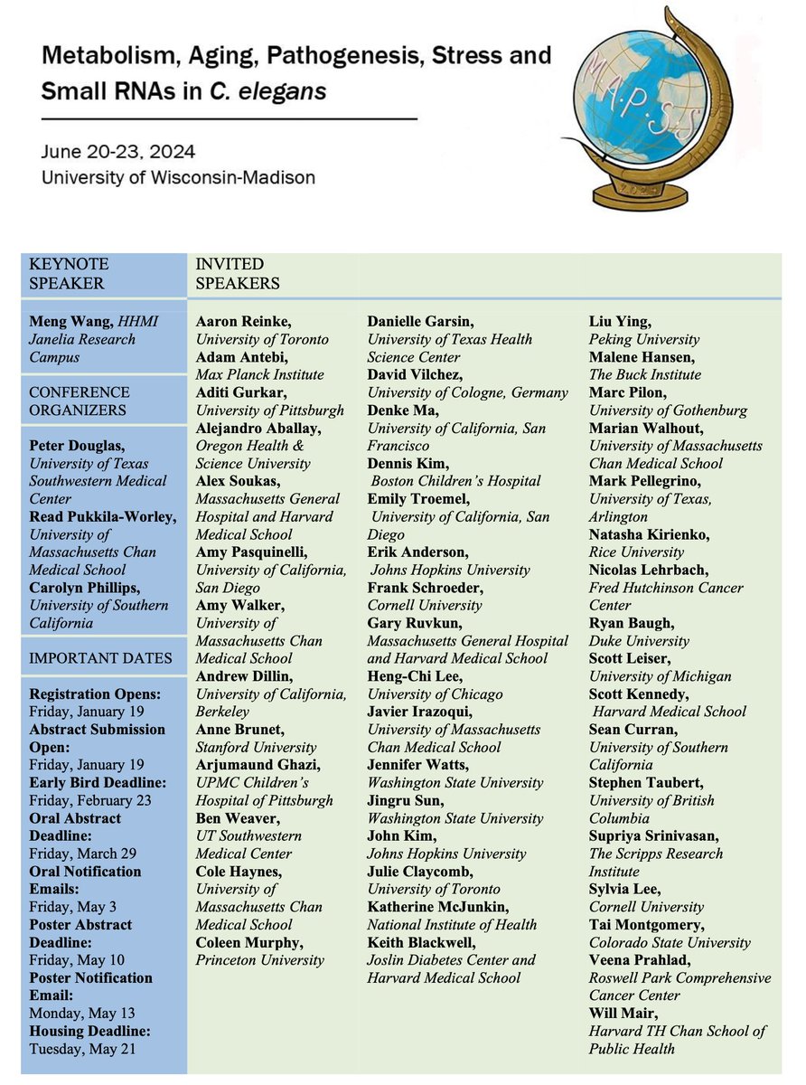 Registration is OPEN for #MAPSS2024: The best C. elegans conference on Planet Earth. Check it out the list of the scientists who will be at this meeting!!! 👇👇👇