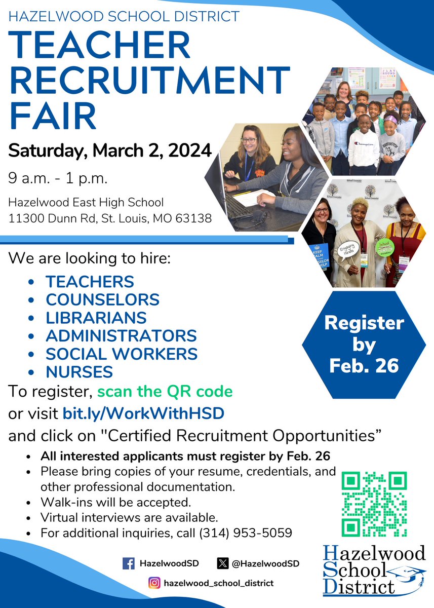 The Hazelwood School District wants you to join our team! HSD’s Teacher Recruitment Fair will be held on Saturday, March 2 from 9 a.m. - 1 p.m. at Hazelwood East High. Make sure to register by February 26! See the flyer for details!