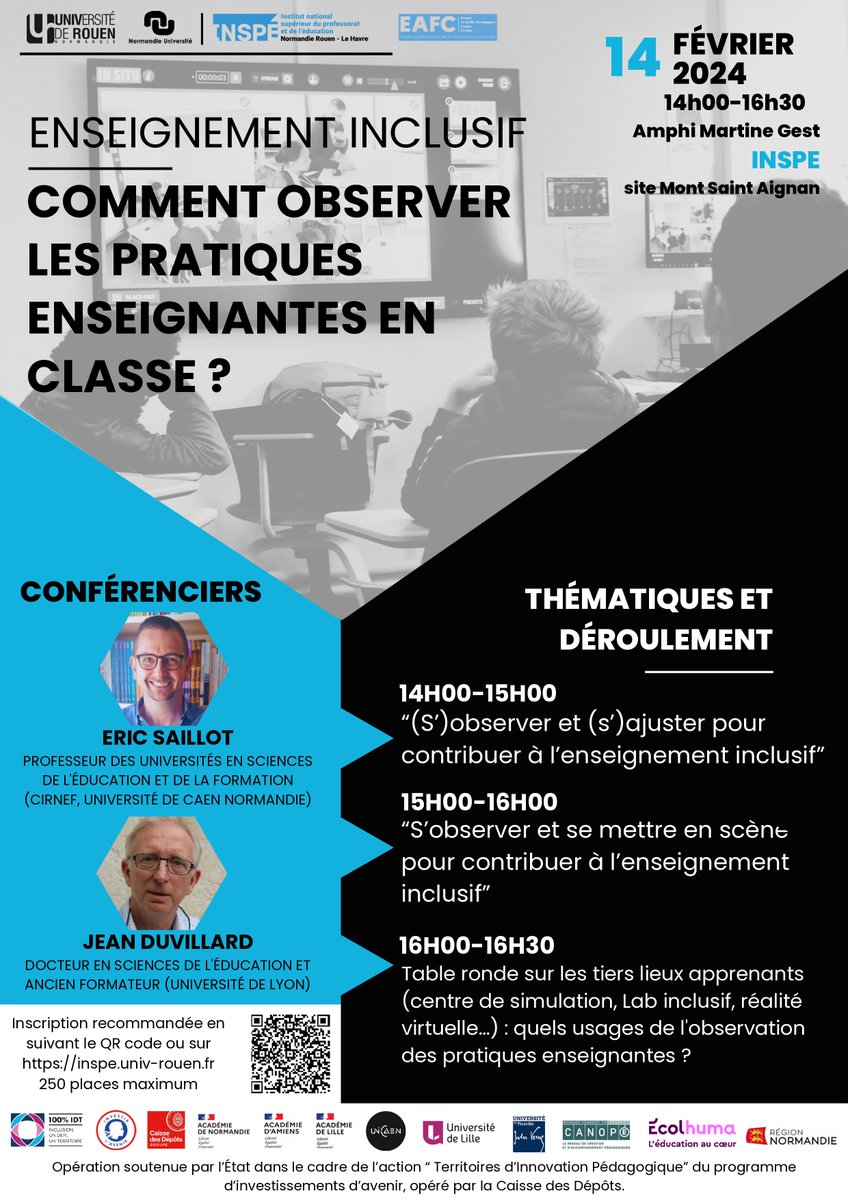 📢Rejoignez-nous pour la conférence "Enseignement inclusif: Comment observer les pratiques enseignantes en classe?" organisée dans le cadre de l'action 5 du <a href="/IDT_PIA3/">100% IDT - Inclusion, un Défi, un Territoire</a> 
🗓️ Mercredi 14 février, <a href="/inspe_rouen/">Inspe Normandie Rouen Le Havre</a> site Mont Saint Aignan