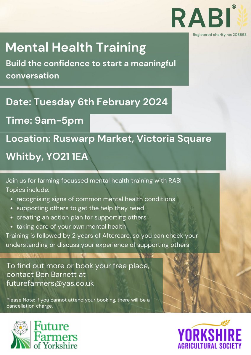 We are pleased to offer free farming-focused Mental Health Training at Ruswarp Mart near Whitby on Tuesday 6th February 2024. Delivered by @RABIcharity, this course will help you understand mental health in the farming community, and how you can help ▶️ yas.co.uk/ffy-mental-hea…