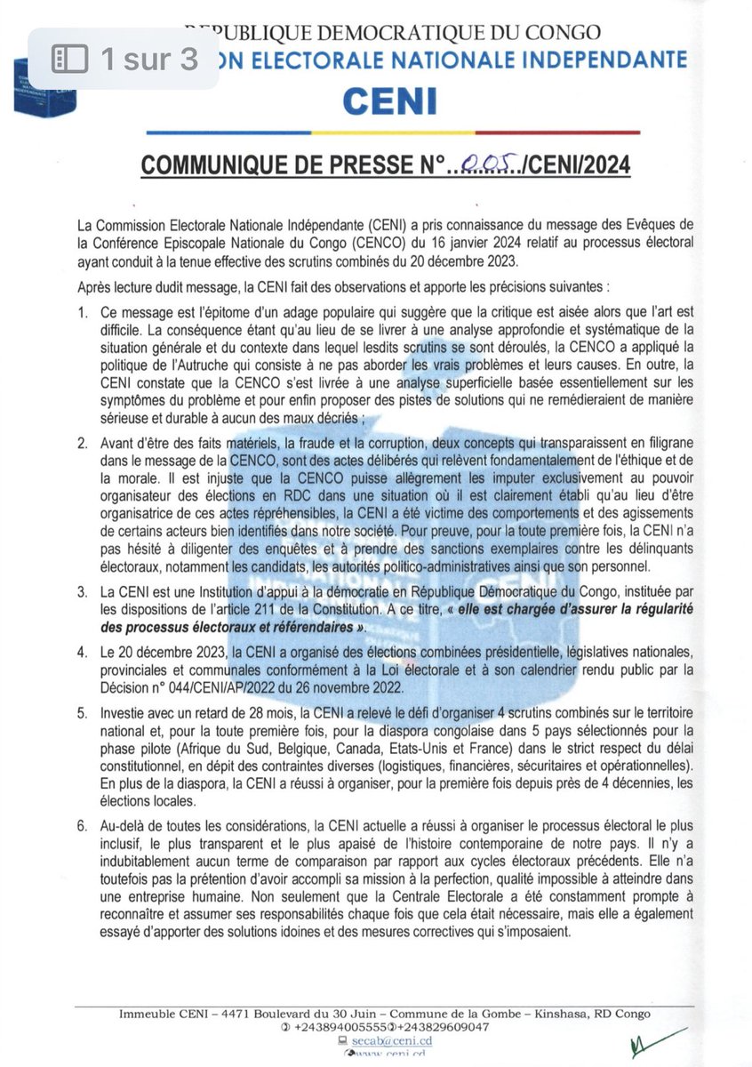 cenirdc's tweet photo. COMMUNIQUE DE PRESSE | N° 005/CENI/2024

Mise au point de la CENI sur la déclaration de la CENCO du 16 janvier 2024 relatif au processus électoral ayant conduit à la tenue effective des scrutins combinés du 20 décembre 2023. https://t.co/n3kv2qkLXM