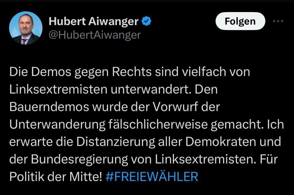 Ob Hubert #Aiwanger die Demos in München und Freising meint, an denen sich auch Freie Wähler beteiligen? Um ein Zeichen gegen die AfD zu setzen!
Dort trifft sich die demokratische Mitte.
Nur Aiwanger gehört offensichtlich nicht mehr dazu.