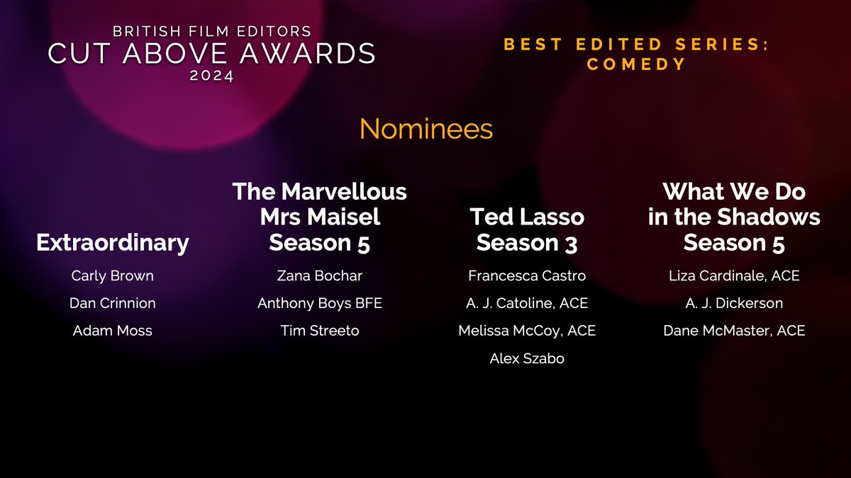 BFEditors's tweet photo. #BFECutAboveAwards 2024 Nominations

Best Edited Series: Comedy

Extraordinary
- Carly Brown
- Dan Crinnion
- Adam Moss

The Marvellous Mrs Maisel Season 5
- Zana Bochar
- Anthony Boys BFE
- Tim Streeto

(1/2) https://t.co/yWLzwZZMFd