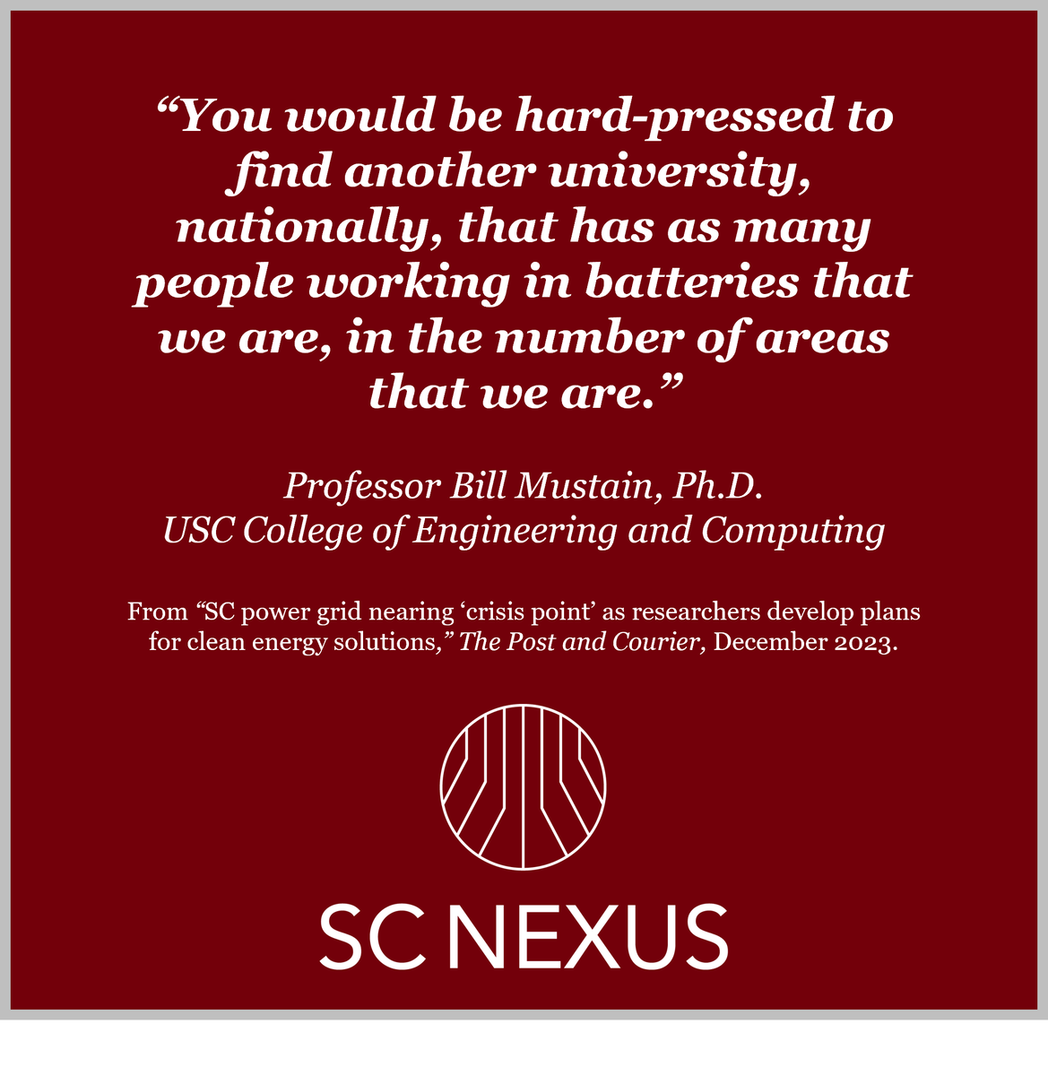 USCResearch's tweet photo. Recently, President @MichaelAmiridis, @UofSC_CEC battery expert Bill Mustain and Dean Hossein Haj-Hariri, spoke with The Post and Courier about @UofSC’s leadership in energy storage technology and plans for supporting #SCNexus.
⚡️🔋⚡️
Read more: https://t.co/zja4bFfSmu https://t.co/Tj9M4TtMJF