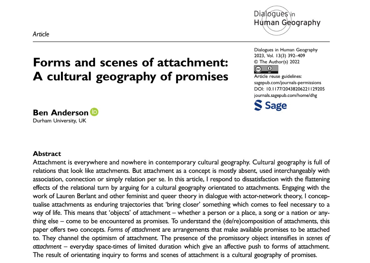 Join us on Weds 31st January 15:00 UK-time for our next reading group.

We'll be discussing <a href="/BenAndersonGeog/">Ben Anderson</a> (2023)'s article, which thinks about attachment and a 'cultural geography of promises'.

To join our mailing list/access ZOOM info, e-mail queergeographiespgr@gmail.com